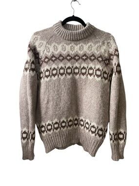 Icelandic Neutral Fair Isle Wool Crewneck Sweater - Beige/Brown